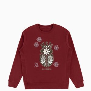 Front view of burgundy Roye Life crewneck featuring the adorned Fortuna beetle logo symbolizing divine alignment, strength, and luck born from awareness.